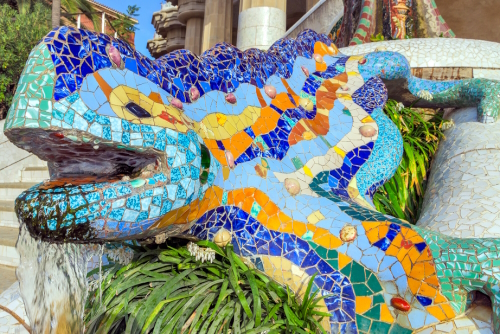 Mosaic sculpture at the Parc Guell designed by Antoni Gaudi located on Carmel Hill, Barcelona, Catalonia, Spain