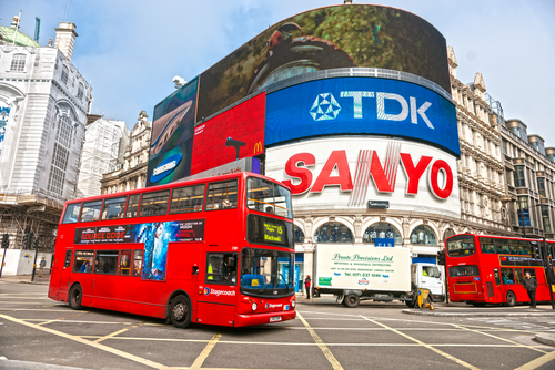 View of Piccadilly Circus in London, England, UK. Famous advertisements of TDK and Sanyo have been there for 20 years and were considered symbols of the famous square