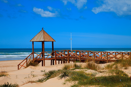 Footbridge of access to Cortadura's beach in Cadiz, Andalusia, Spain
