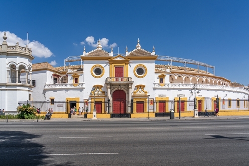 Front view of the entrance of Maestranza, the plaza de toros de la Real Maestranza de Caballeria de Sevilla, Seville, Andalusia, Spain