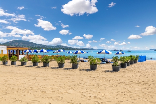 View of umbrellas, sunbeds, and plants in the beach of Port Grimaud near Saint Tropez in the French Riviera, Cote d'Azur, France