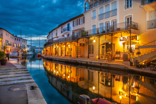 Night view of the shops at Port Grimaud near Saint Tropez in the French Riviera, Cote d'Azur, France