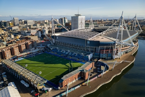 Aerial view of the centre of Cardiff and the Millennium (Principality) Stadium next to the River Taff in Cardiff, Wales, UK