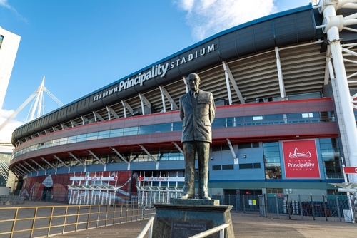 Statue of Sir Tasker Watkins at the Cardiff millennium stadium in Cardiff, Wales, United Kingdom