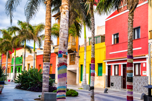 Colourful houses and palm trees on street in Puerto de la Cruz town, Tenerife Island, Canary Islands, Spain