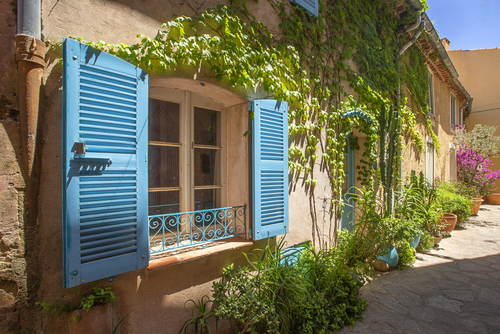 View of a street in the hilltop village of Ramatuelle near Saint Tropez in the French Riviera, Cote d'Azur, France