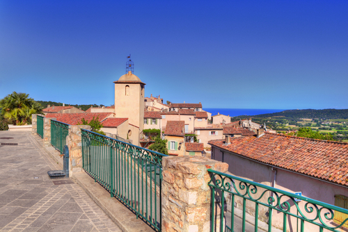 View from the hilltop village of Ramatuelle near Saint Tropez in the French Riviera, Cote d'Azur, France