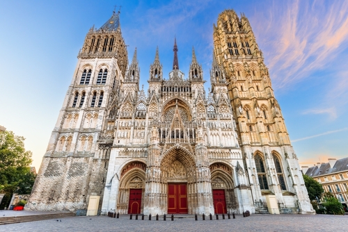 Rouen, Normandy, France. The west front of the Rouen Cathedral famous for its towers