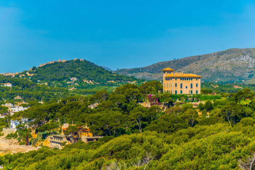 Aerial view of the countryside and Sa Torre Cega (The Blind Tower), Cala Rajada, Mallorca island, Balearic Islands, Spain