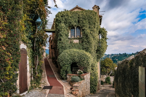 Traditional old stone house with jasmine vines where the French poet Jaques Prevert lived in the 1940s, medieval hilltop village of Saint Paul de Vence in the French Riviera, Cote d'Azur, France. Well known for its modern and contemporary art museums and galleries
