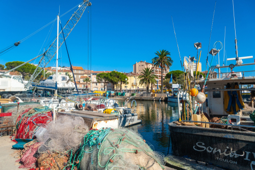 View of the fishing harbour in Sainte-Maxime near Saint Tropez in the French Riviera, Cote d'Azur, France
