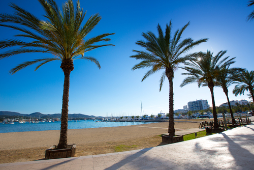View of the beautiful beach at San Antonio de Portmany, Ibiza Island, Balearic Islands, Spain
