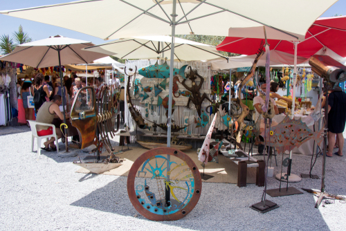 Crowd of people and tourists, buying in the small Hippy market of Las Dalias, Ibiza island, Balearic Islands, Spain