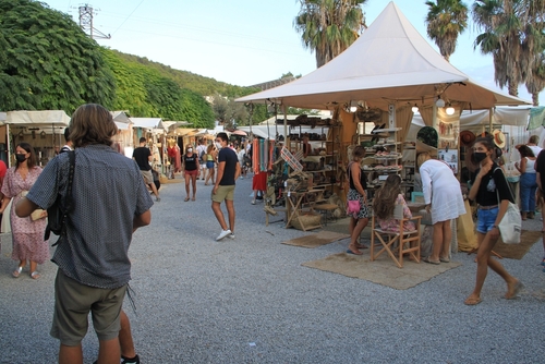 View of the Las Dalias hippy market on Ibiza island, Balearic Islands, Spain, a fascinating oasis of color, peace, music and dreams