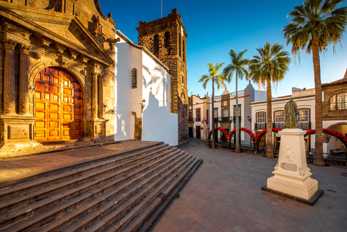 Central square in old town with Salvador church and monument in Santa Cruz de la Palma, La Palma Island, The Canary Islands, Spain