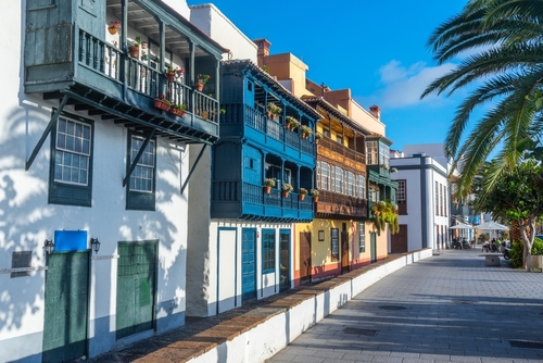 Traditional houses with wooden balconies at Santa Cruz de la Palma, La Palma Island, The Canary Islands, Spain