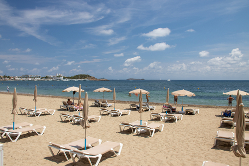 View of the beach and its facilities at Santa Eularia d'es Riu, Ibiza Island, Balearic Islands, Spain