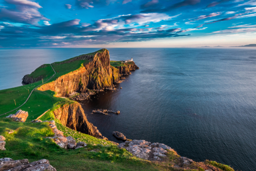 Wonderful Sunset at the Neist point lighthouse on the Isle of Skye, Scotland, United Kingdom