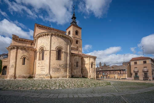 Exterior view on a clear sky day of the church of San Milan in Segovia, Spain