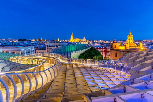 Churches in Sevilla viewed from Setas de Sevilla mushroom structure, Andalusia, Spain