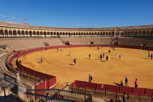 People walking in the Plaza de Toros de Sevilla bullfighting arena, Bullring Real Maestranza, city landmark, Seville, Andalusia, Spain