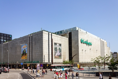 An outdoor view of the El Corte Ingles department store in Eixample, Barcelona, Catalonia, Spain on a Sunny day