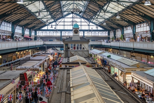 Colourful interior of Grade II listed Victorian Cardiff Market, Castle Quarter, Cardiff, Wales, United Kingdom