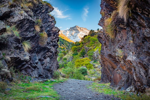 Beautiful view from the hiking trail Vereda de la Estrella in the natural park of Sierra Nevada, Güéjar-Sierra, Andalusia, Spain