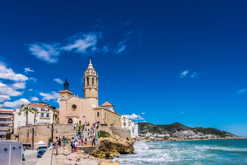 Exterior view of a cathedral on the sea in the town of Sitges, Catalonia, Spain