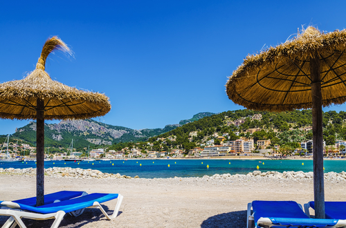 View of the beach and its facilities at Porte de Soller, Mallorca island, Balearic Islands, Spain
