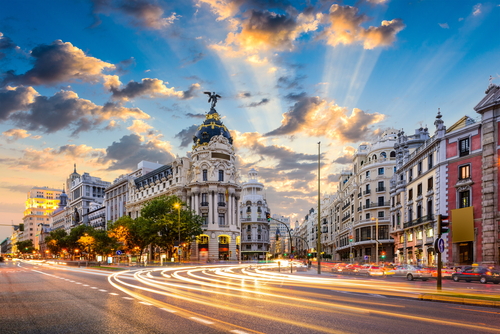 Cityscape view of Madrid at Calle de Alcala and Gran Via at Dawn, Spain