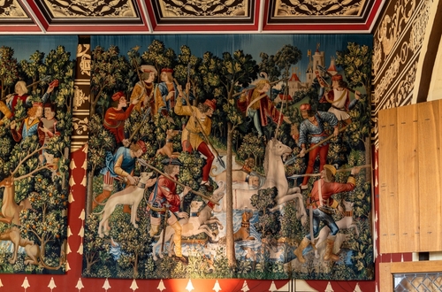 Replica tapestry of The Hunt For The Unicorn inside Stirling Castle, Stirlingshire, Scotland, United Kingdom