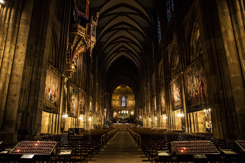 Interior view of the famous cathedral of Strasbourg, Alsace, France. Considered to be among the finest examples of late, Gothic architecture