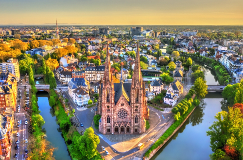 Aerial view of the Saint Paul Church in Strasbourg, Alsace, France