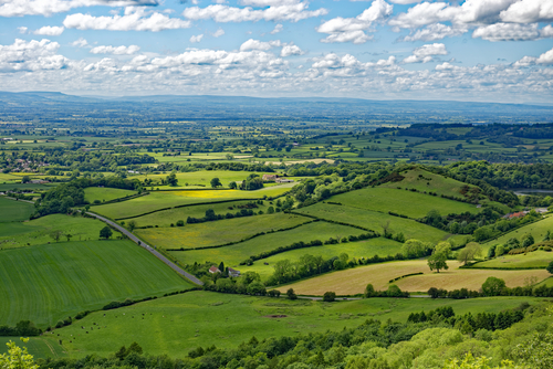 Overlook of the Vale of York from Sutton Bank in the Hambleton Hills near Thirsk, North Yorkshire, England, United Kingdom