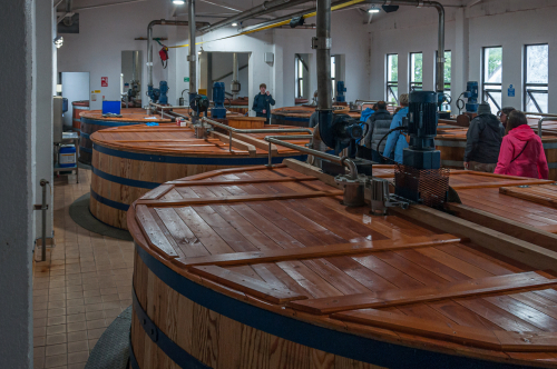 Tourists visiting the fermentation tanks in the Talisker distillery in Carbost, Isle of Skye, Scotland, United Kingdom