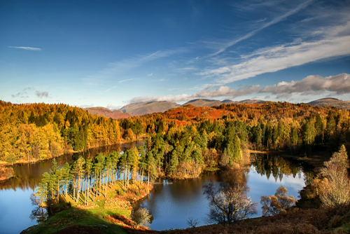 Beautiful view of Tarn Hows, a small lake in the Lake District National Park, Cumbria, England, UK