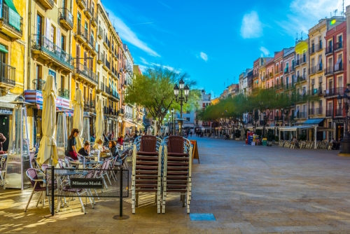 Place de la font is one of the main squares of spanish city Tarragona which is popular place for drinking a cup of coffee or enjoying nightlife, Costa Daurada, Catalonia, Spain