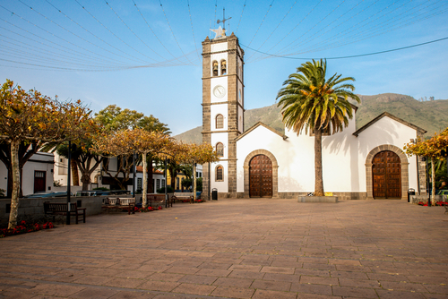 Central square with church in Tegueste town on Tenerife island, The Canary Islands, Spain