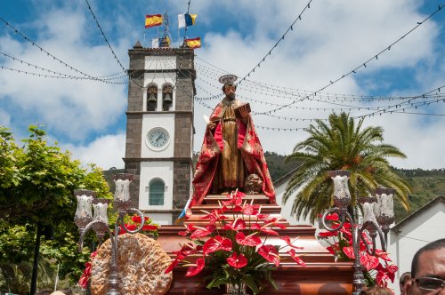 Figure of the patron saint leaving the church in the festivities of the village of Tegueste on Tenerife island, The Canary Islands, Spain