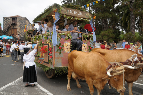 Delivering food from a cart, in the Romeria procession of the village of Tegueste on Tenerife island, The Canary Islands, Spain