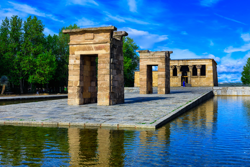 The Temple of Debod (Templo de Debod) is an ancient Egyptian temple in Madrid, Spain. The temple was rebuilt in one of Madrid parks, the Parque del Oeste, near the Royal Palace of Madrid