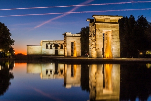 Evening view of the Temple of Debod (Templo de Debod) is an ancient Egyptian temple in Madrid, Spain