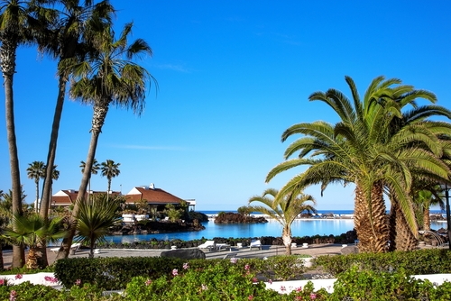 Lago de la Costa de Martianez, Puerto de la Cruz, Tenerife island, The Canary Islands, Spain. Designed sea water outdoor pool Lago Martiánez on the Playa Jardín