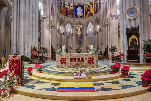 Interior view of Saint Mary the Royal of the Almudena Cathedral (designed by Marquis of Cuba) - Catholic cathedral in Madrid, Spain