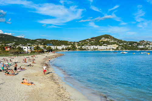 Talamanca beach also known as the beach of the city of Ibiza, long stretch of sand with several restaurants, Ibiza island, Balearic Islands, Spain