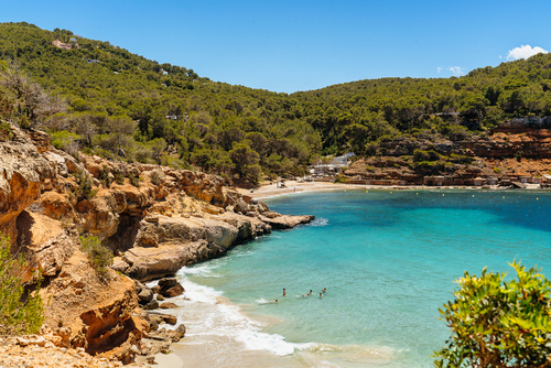 View of the Cala Saladeta beach, Ibiza island, Balearic Islands, Spain