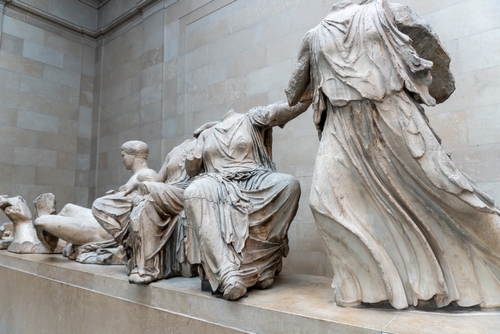 The Elgin Marbles, originally part of Parthenon and Acropolis of Athens. On display in the British Museum in Duveen Gallery. East Pediment depicts the birth of Athena, London, England, UK