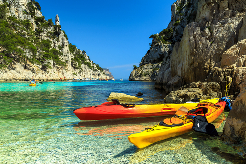 Colorful kayaks in the famous French fjords, Calanques national park, Provence, France