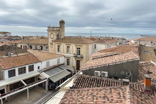 View of Saintes-Maries-de-la-Mer in the Camargue from Church of Notre-Dame-de-la-Mer, Provence, France